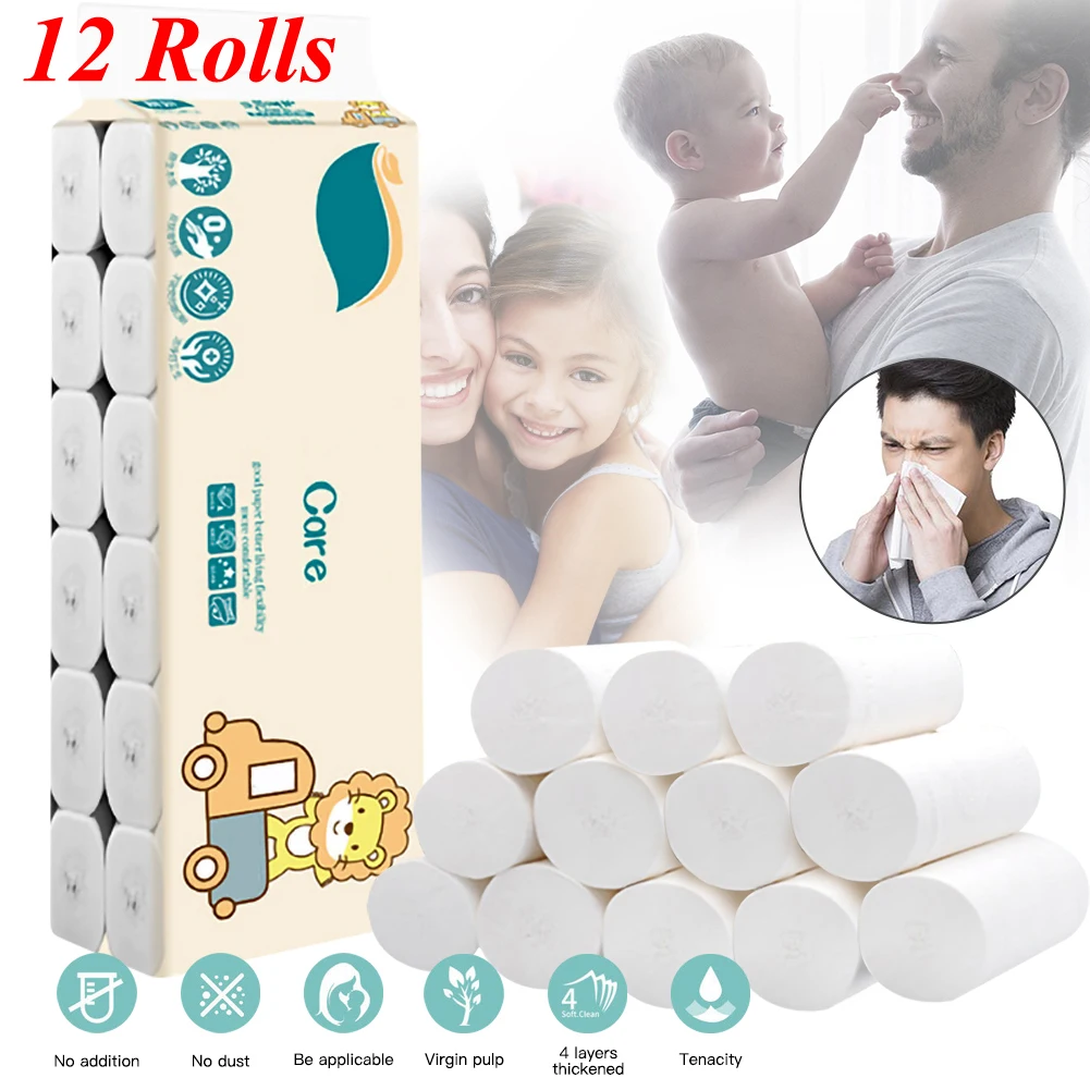 

Soft Toilet Paper 4 layers Tissue Rolling Paper Household Toilet Paper For Home Kitchen Travel Hotel Roll Bathroom Product 12 pc
