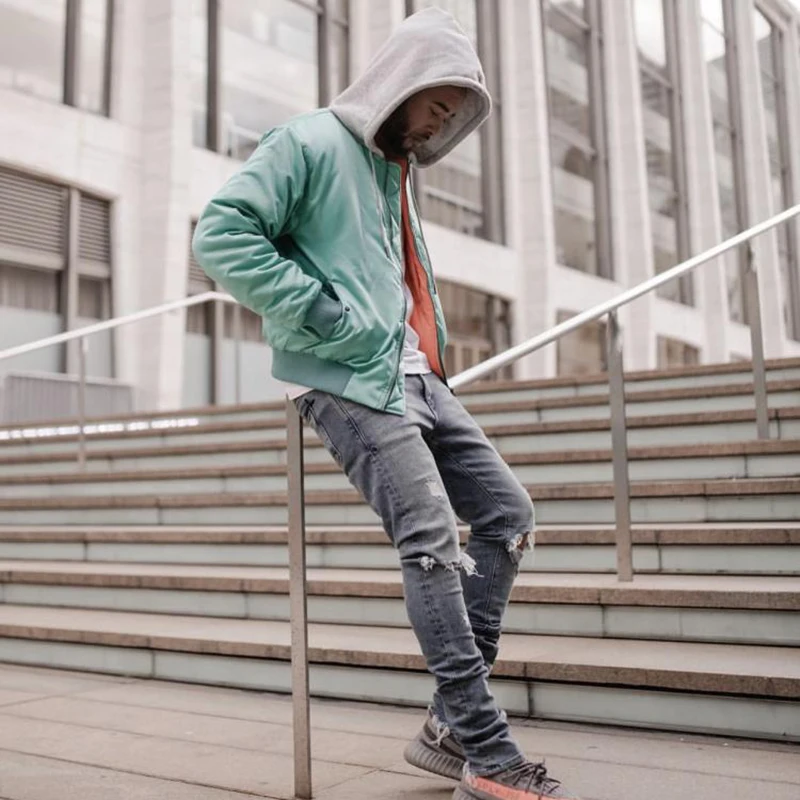 Najtaniej Kanye west MA1 Pilot Bomber z kapturem kurtka mężczyzna gruby 2018 Trend Streetwear Pure Color plisowany rękaw zamek luźne miejskie ubrania