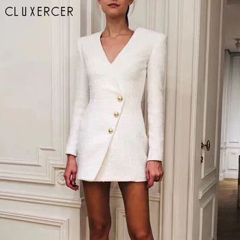 

High Quality Runway Autumn Winter White Tweed Dresses Women Sexy V Neck Vestidos Female Chic Long Sleeve Office Bodycon Dress