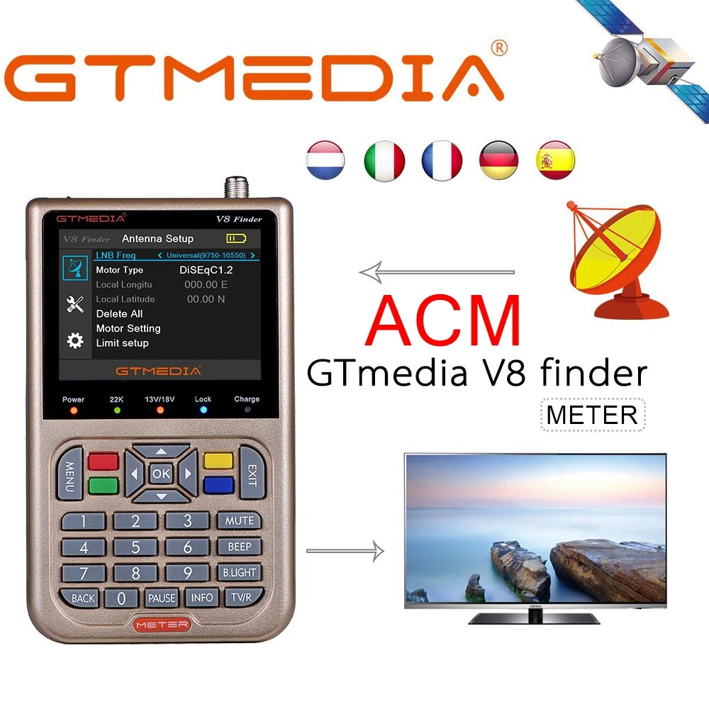 Бразильский запас V8 Finder Meter Sat Finder HD DVB-S2/XS2 Цифровой спутниковый Finder ACM SatFinder 1080P 3," ЖК-экран с батареей