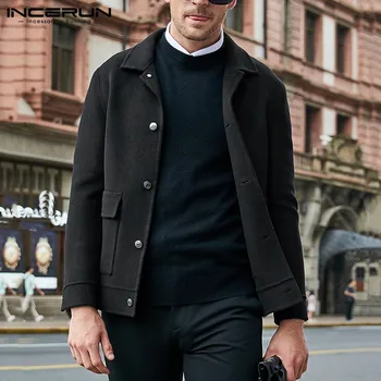 

INCERUN New Fashion Men Wool Jackets Long Sleeve Winter Coats Button Solid Color 2020 Pockets Outerwear Streetwear Overcoat Men