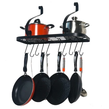 

60 x 25 x 35cm（L x W x H）Wall Mount Pot Pan Rack with 10 Hooks Black Metal Holder