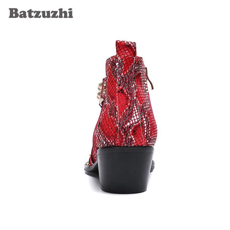 Batzuzhi 6.5cm Heels High Boots Men Formal Leather Ankle Dress Boots Gold Pointed Toe Red Party and Wedding Shoes Botas Hombre