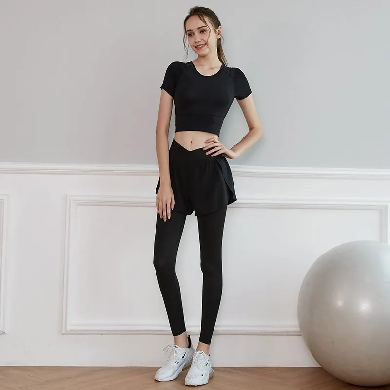 2PCS Women Yoga Set  Fitness Clothing High Waist Leggings Sports Suits Gym Set Female Sportswear Short Sleeve Workout Clothes