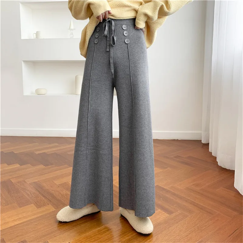 BGTEEVER Winter Buttons Lace-up Knitted Pants Women High Waist Women Sweater Pants Casual Loose Knitting Trousers Female