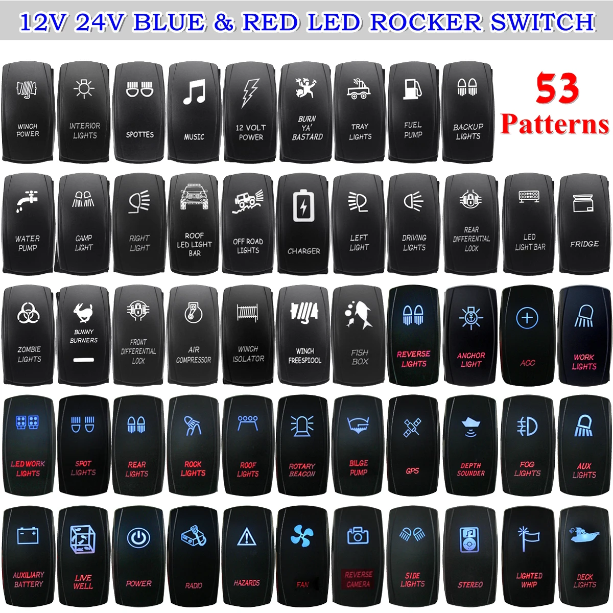 

12V 24V Dual LED Rocker Switch Red Blue Lights Rocker Switch Button for Car Boat Marine Caravan 4x4