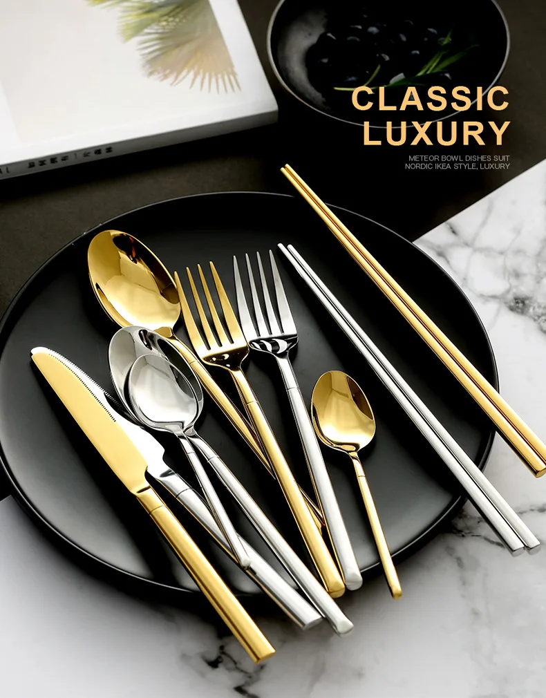 KuBac Hommi 30 шт. набор столовых приборов золотого цвета 18/10 нержавеющая сталь Палочки для еды столовая посуда острый столовый нож золотой набор посуды