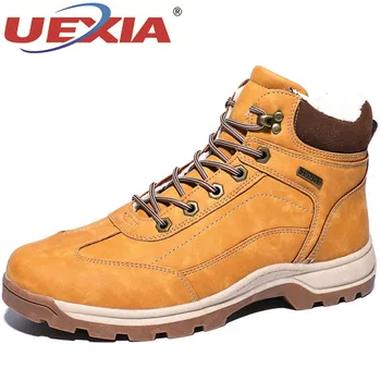 

UEXIA Leather Autumn Winter Warm Fur Classic Snow Boots Male Motorcycle Wear resistant Warm Ankle High Top Mens Outdoor Sneakers