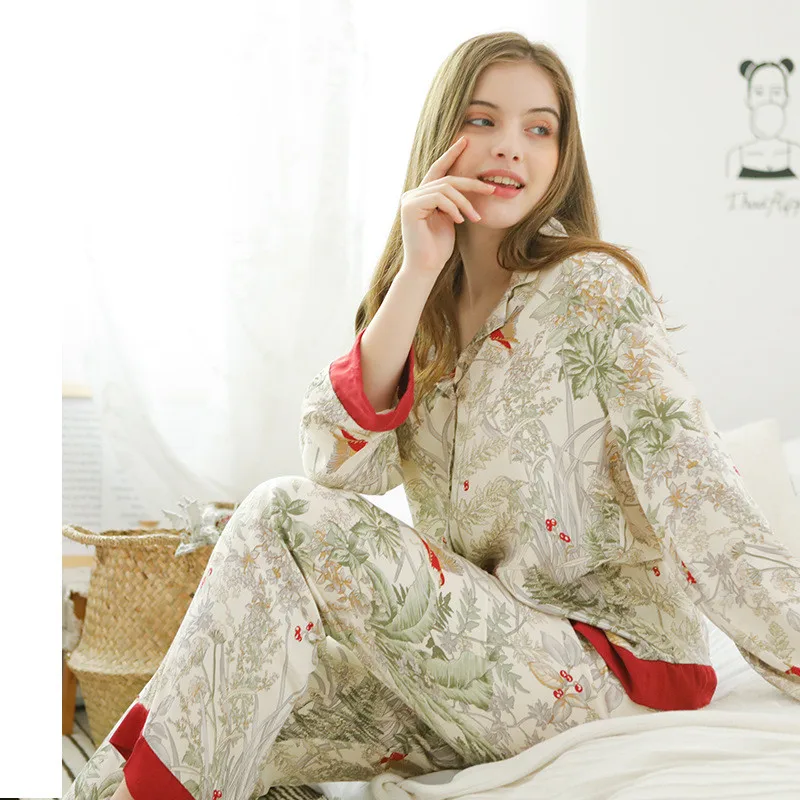 JRMISSLI атласная пижама с цветочным принтом, пижама с длинным рукавом, женская сексуальная пижама с v-образным вырезом, домашняя одежда, комплект для сна