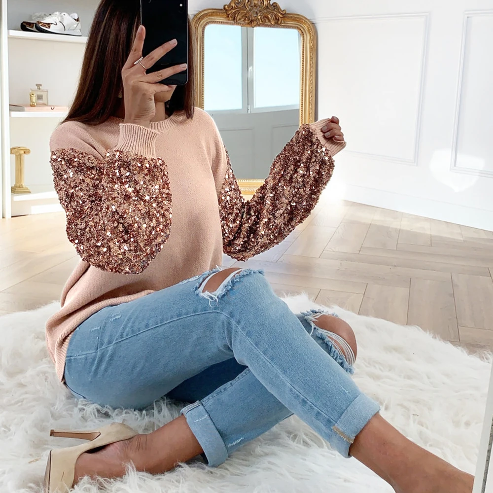 Autumn Women Sweater Tops Lantern Long Sleeve Sequins Bling Lady Pullover Sweater Korean Slim Knit Slim Sweater Female Knitwear