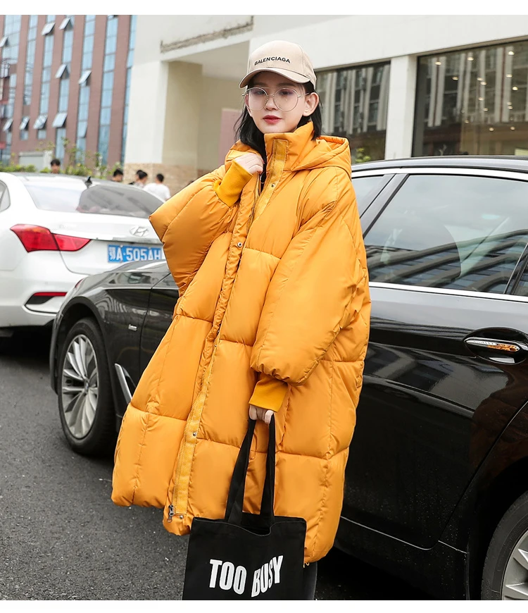 New Winter Hooded Long Sleeve Solid Color Black Orange Down Cotton-padded Warm Loose Big Size Jackets Women parkas Fashion