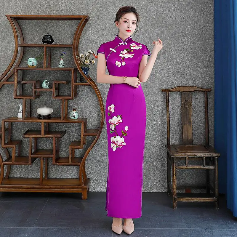 Черное женское тонкое платье, вечерние, длинные, Cheongsam, свадебное платье, роскошное, сексуальное, свадебное, Qipao, китайский стиль, одежда, Vestido - Цвет: Purple