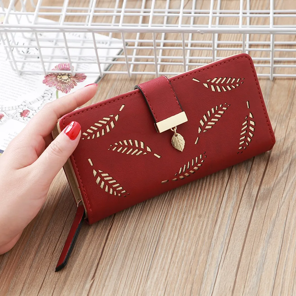

Women’ s Fashion Trend Solid Color Long Fringed Hollow Leaf Leather Card Wallet wallet women portefeuille femme Purse Female