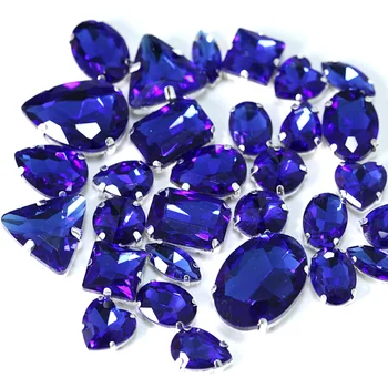 

High Quality Mixed Shape Royalblue Glass Sew On Rhinestones with Gold Claw Deep Blue Sew On Claw Rhinestones For Garment Y3509