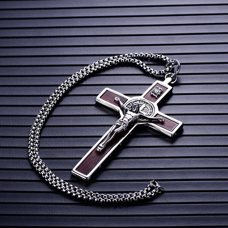 Stainless Steel Religious Necklace Big INRI Jesus Cross Crucifix Pendant Necklace Men Silver Color Classic Necklaces Catholic