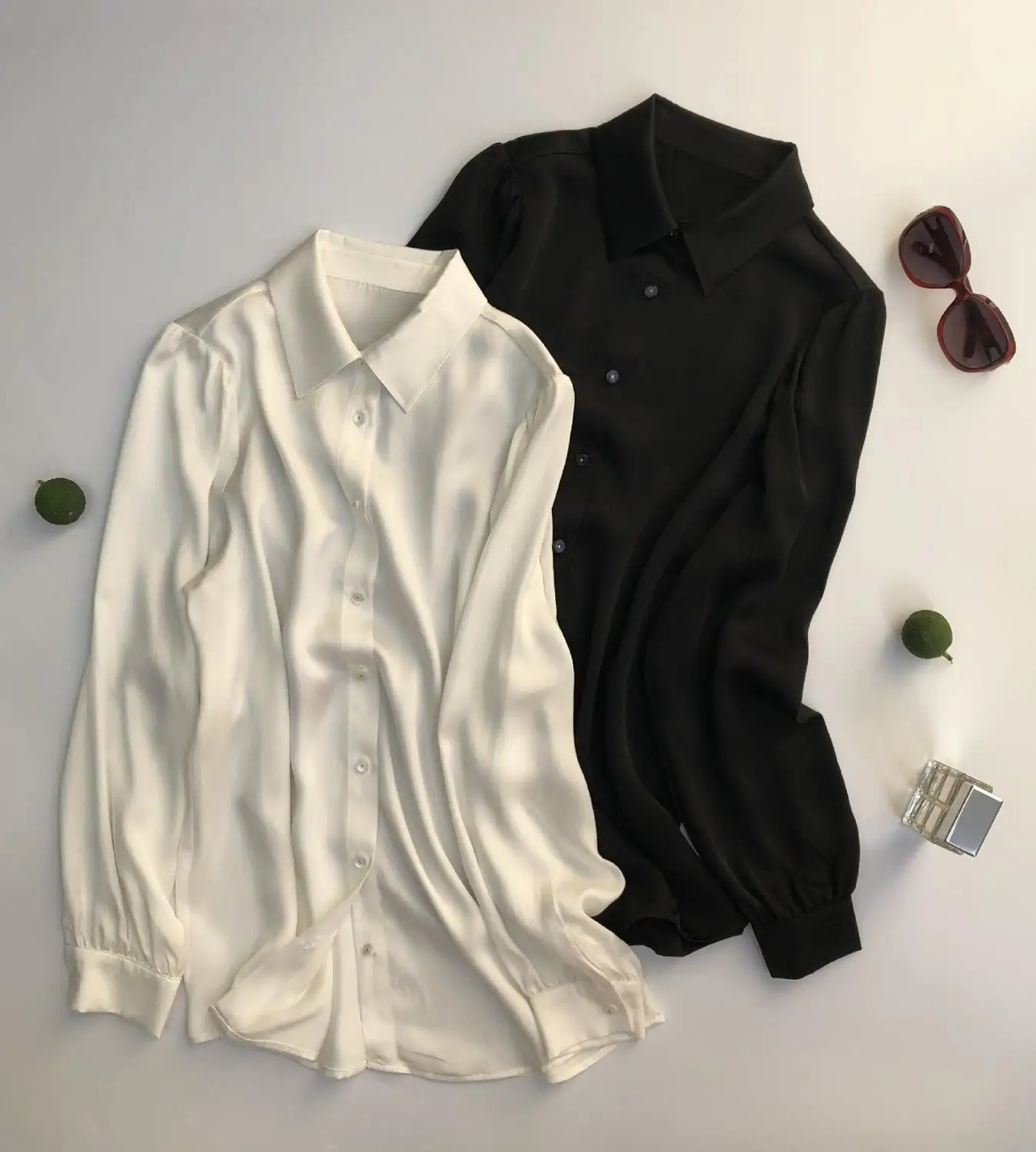 

100% Silk Women Loose Blouse Solid Color White And Black Shirt Long Sleeve Tops