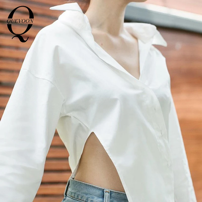 

QUEVOON White Color Sexy Blouse Irregular Spilt Turn Down Collar Button Front Oversize Female Shirts Autumn Summer Solid Shirts