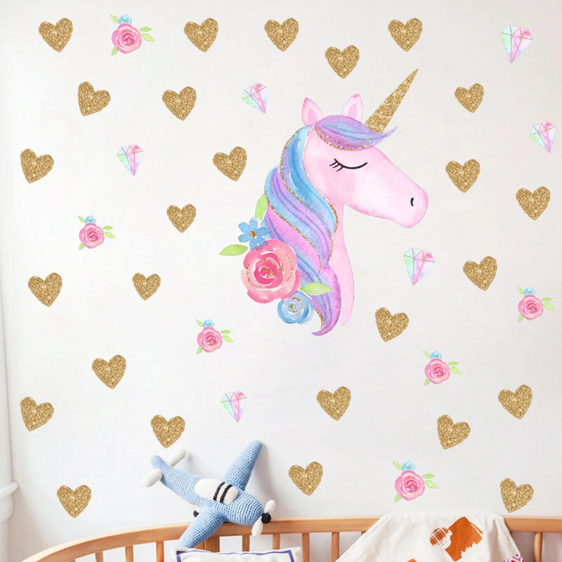 Cartoon Unicorn Horse Star Heart Shape Pattern Wall Sticker For Kids Room Home Decoration Diy Animal Mural Art Pvc Decal images - 6