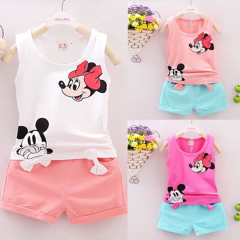 

2-5 Years Kids Children Little Baby Girls 2 Pieces Clothes Set Printed Mickey Minnie Mouse T-shirt Tops+Shorts Pants Outfits