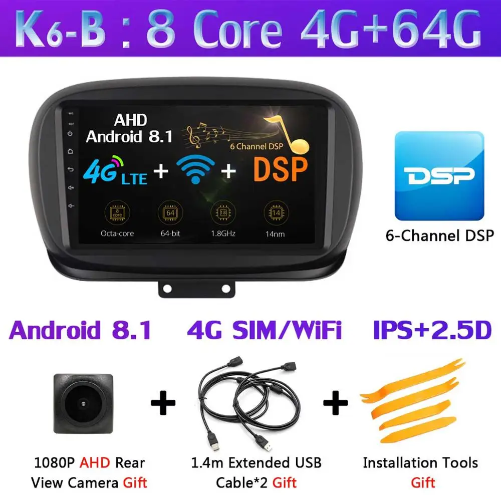 K6-B 360 ° Панорамное 8 ядро 4G+ 64G Android 9,0 автомобильное мультимедийное радио для FIAT 500X- головное устройство gps навигация SPDIF DSP CarPlay - Цвет: K6-B