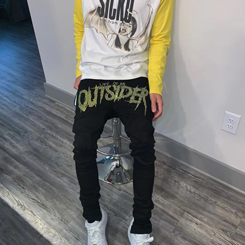 Y2K New Men's Trend Casual Black Biker Ripped Jeans Comfort Stretch Street Fit Cotton Trousers Washed Hot Drill Denim Goth Pants