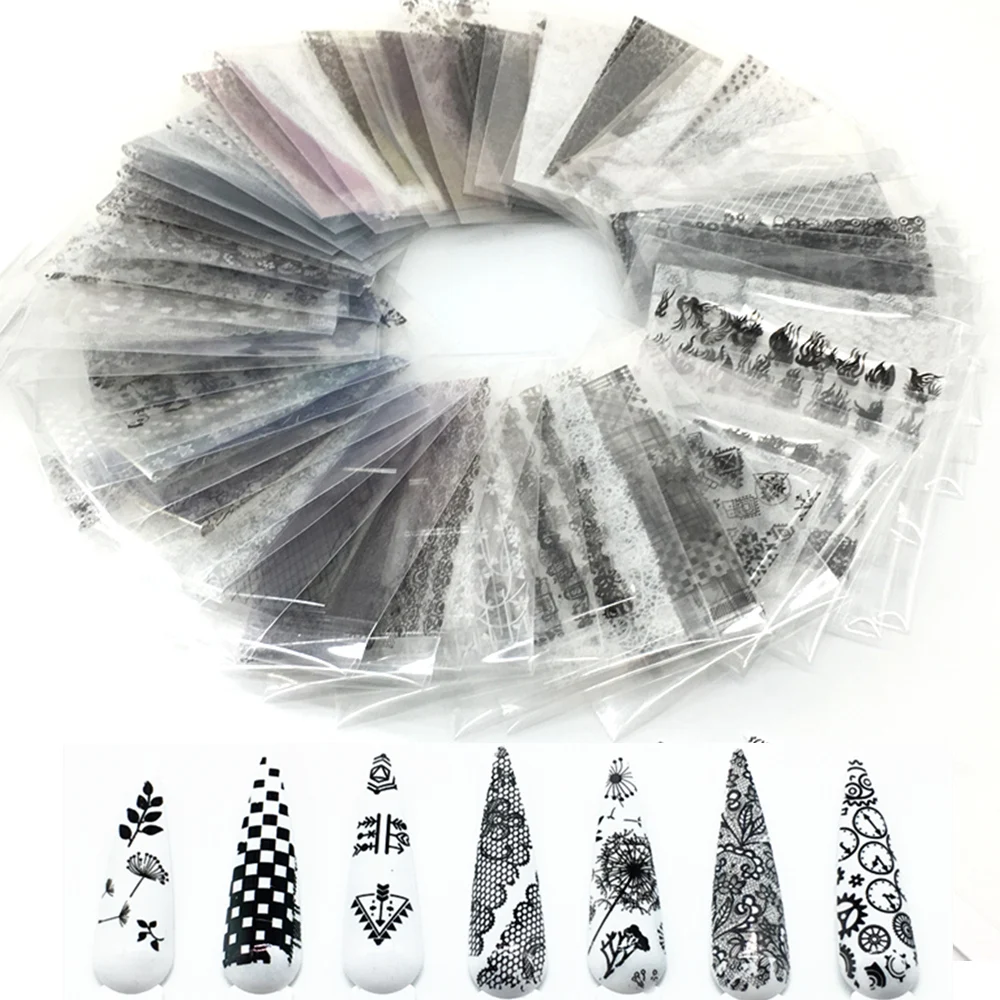 20/30/50 Sheets Black White Nail Foils for Nails Floral Transfer Paper Stickers Lace Adhesive Wraps Set DIY Art Decorations | Красота и