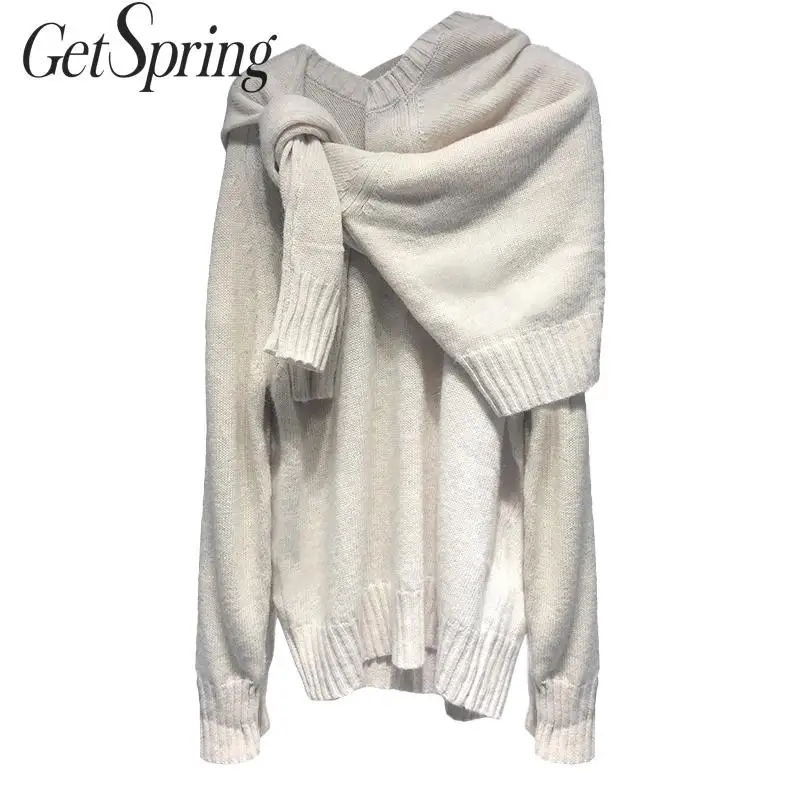 

GETSPRING Women Sweater V-Neck Irregular Wool Autumn Sweater White Asymmetry All Match Pullovers Knitting Top 2019 New Autumn