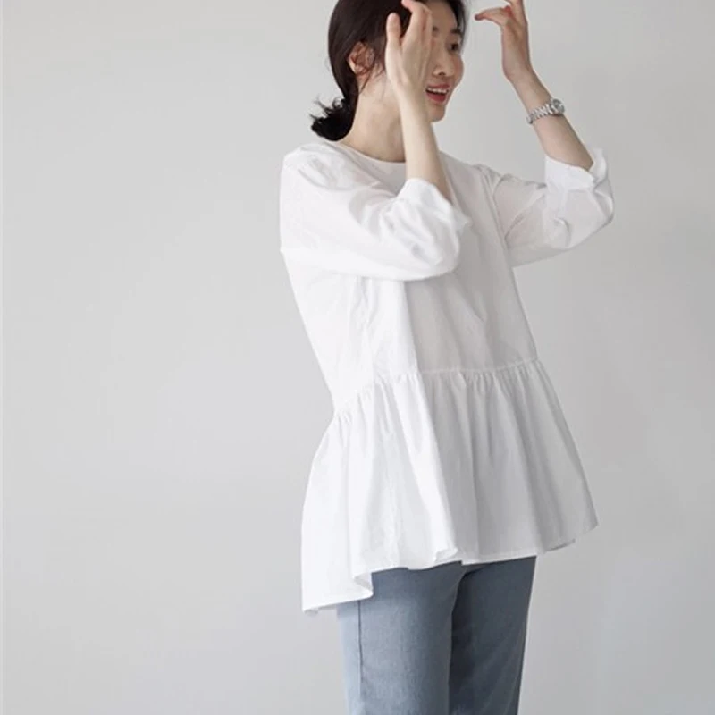 

2019 New Spring and Summer Women Shirts Solid Color Cotton Casual Wild Blouses and Tops Female Round Collar Women Clothing