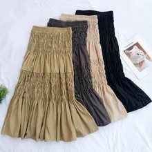 Новая Осенняя Женская юбка в Корейском стиле, эластичная высокая талия, однотонная, облегающая, плиссированная, длинная юбка до середины икры, элегантная юбка-русалка, Faldas