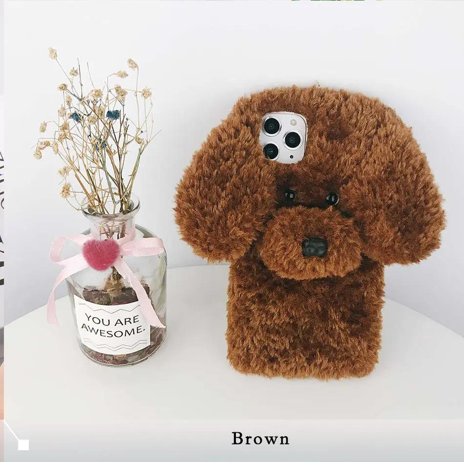 USLION 3D Cartooon Dog, теплый меховой чехол для телефона, для iPhone 11 Pro Max X XS XR Xs Max 7 8 Plus, мягкий силиконовый чехол из ТПУ