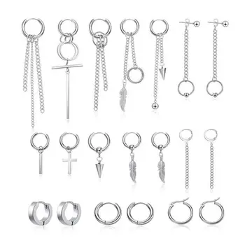 

20Pcs/Set Korean Huggie Hoop Earring Stainless Steel Dangle Hinged Feather Drop Earrings Long Chain Pendant Earrings Jewelry