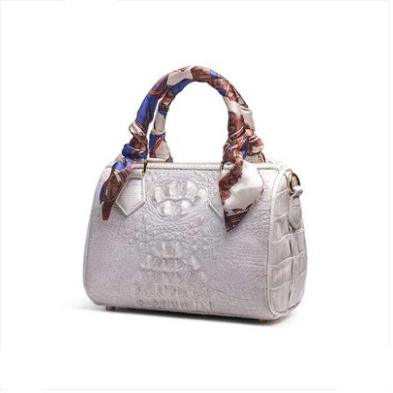 

ouluoer import Crocodile skin lady's bag white leather mini Boston bag one shoulder cross shoulder carry bag women handbag
