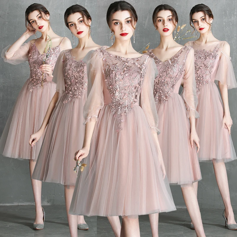 Bridesmaids Dresses Illusion Half V-Neck Off The Shoulder Embroidery Appliques A-Line Lace Tulle Women Wedding Party Gown E330 Bridesmaids Dresses Illusion Half V-Neck Off The Shoulder Embroidery Appliques A-Line Lace Tulle Women Wedding Party Gown E330