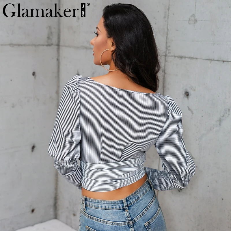 Glamaker, сексуальная черная блузка с длинным рукавом-фонариком, рубашка, Женская полосатая блузка с поясом, укороченный топ, осенняя женская элегантная блузка с v-образным вырезом, Топ