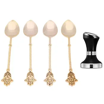 

4Pcs Vintage Gold Spoon Alloy Coffee Ice Dessert Spoons & 1pcs 58mm Flat Coffee Tamper Stainless Steel Base