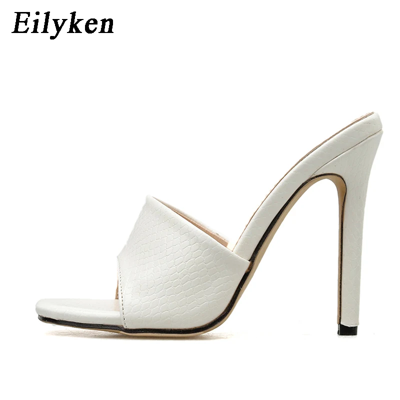Eilyken г. Новые летние женские кожаные тапочки сандалии с квадратным носком, змеиная кожа модные туфли без задника на высоком каблуке размер 35-42 - Цвет: White