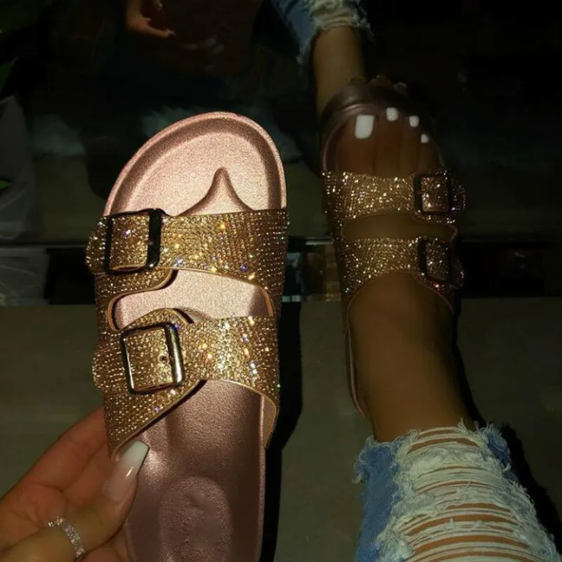 

Fashion Crystal Outside Shoes Woman 2020 New Summer Open Toe Slides Belt Buckle Flat Heel Slippers Bling Shallow Beach Slides