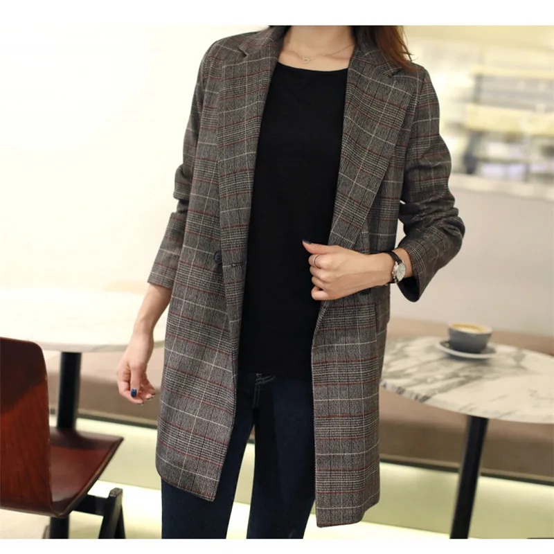 

Temperament women's jacket large size high quality 2019 new long double-breasted ladies blazer Female red plaid autumn suit