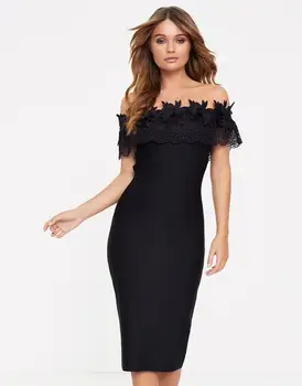 

High Quality Off Shoulder Short Sleeve Sashes Neck Lace Floral Black Bandage Dress Summer Women 2020 Elegant Female Party Dress