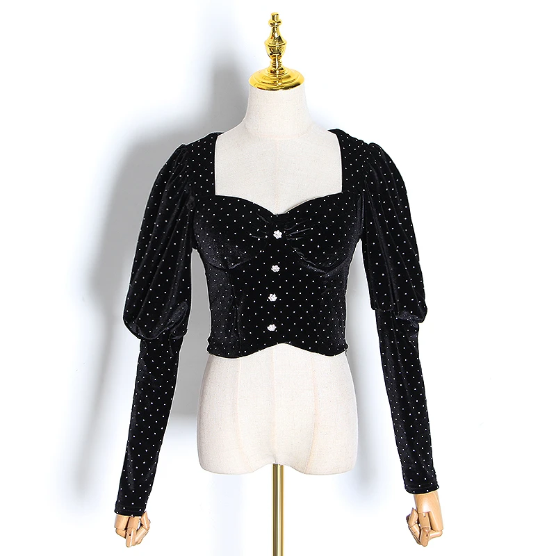 Ceny TWOTWINSTYLE Patchwork diamenty bluzki dla kobiet kwadratowy kołnierzyk Puff z długim rękawem Ruched koszule damskie modna odzież 2019 fala