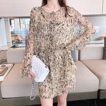 

100% silk Women Leopard Dress long sleeve o-neck lace-up Elastic waist fashion women mini dress