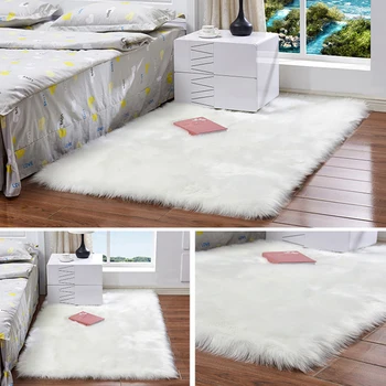 

White Long Hair Fashion Bedroom Carpet Shaggy Silky Plush Carpet Faux Fur Rug Bedside Rugs Rectangle Sheepskin Fur Area Rugs