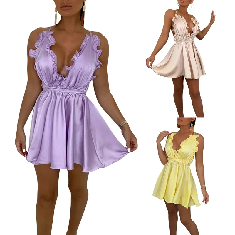 

Kayotuas Women Dress Summer Boho Sleeveless V-Neck Ruffles Sexy Girls Office Ladies Elegant Evening Party Gown Sundress
