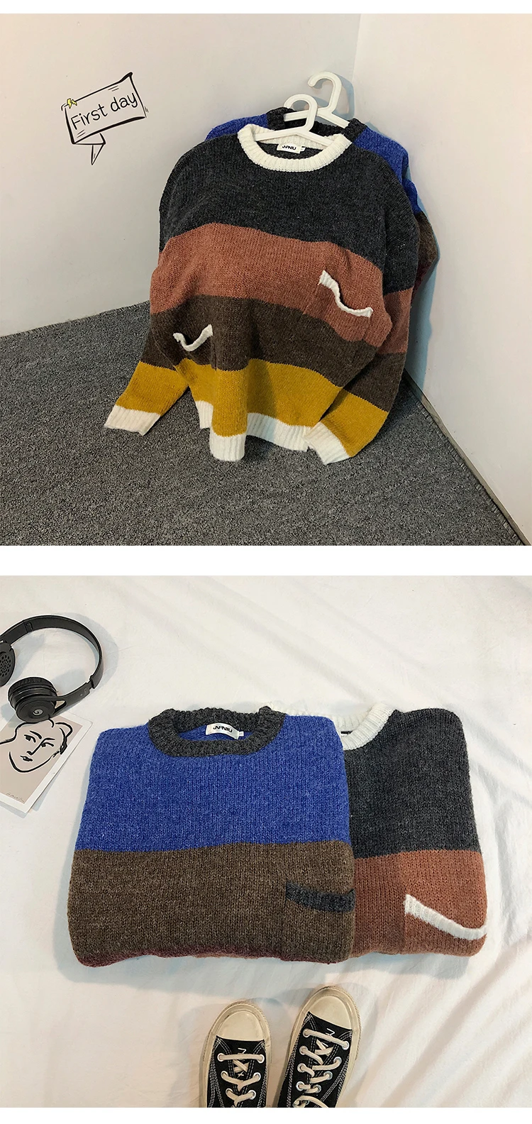 Зимний толстый свитер, мужской теплый модный свитер контрастного цвета с круглым вырезом, пуловер, Мужская Уличная одежда, Свободный
