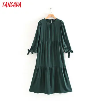 

Tangada women elegant green pleated dress o neck bow three quater sleeve fashion office lady midi dresses vestido XN300