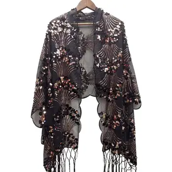 

Women Shawls Sequins Pashmina Mujer Bufanda Voile Echarpes Wrap Scarves Tassels Chal Muslim Hijab Poncho Long Cape Mantilla