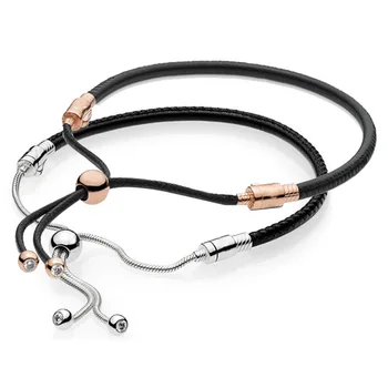

Moments Black Leather With Adjustable Sliding Snake Chain 925 Sterling Silver Bracelet Fit Fine Bangle Bead Charm Diy Jewelry