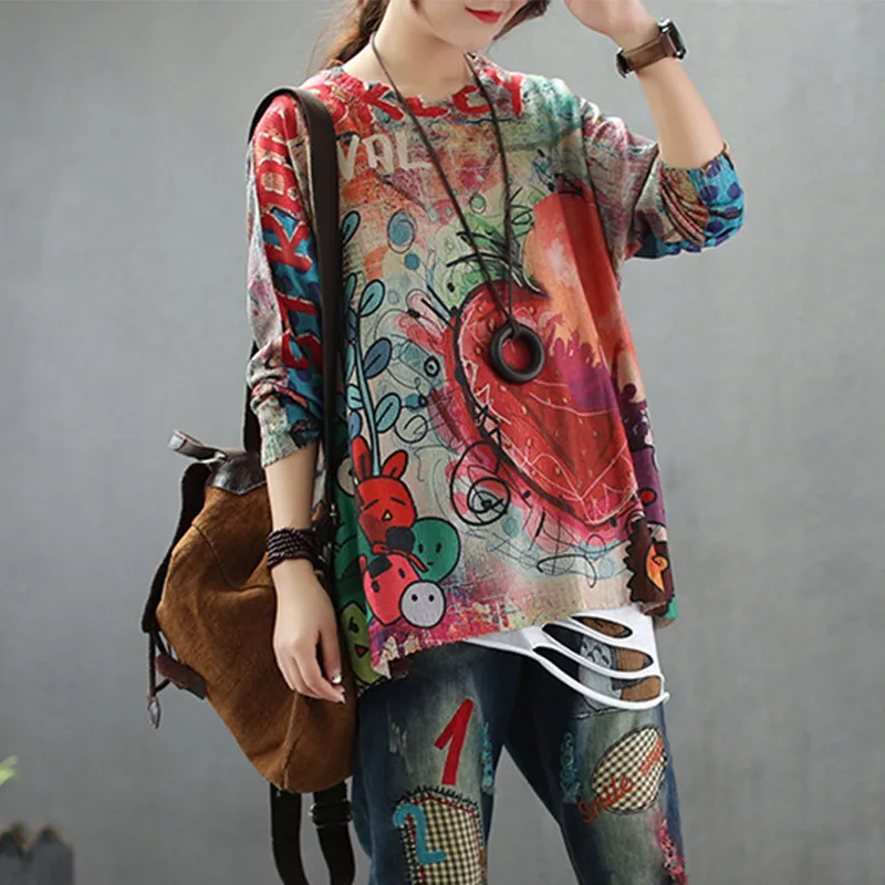 

Autumn Thin Knitting Women Sweater Retro Loose Long Sleeve Print Pattern Blended Pullovers Female Streetwear Women's Sweaters
