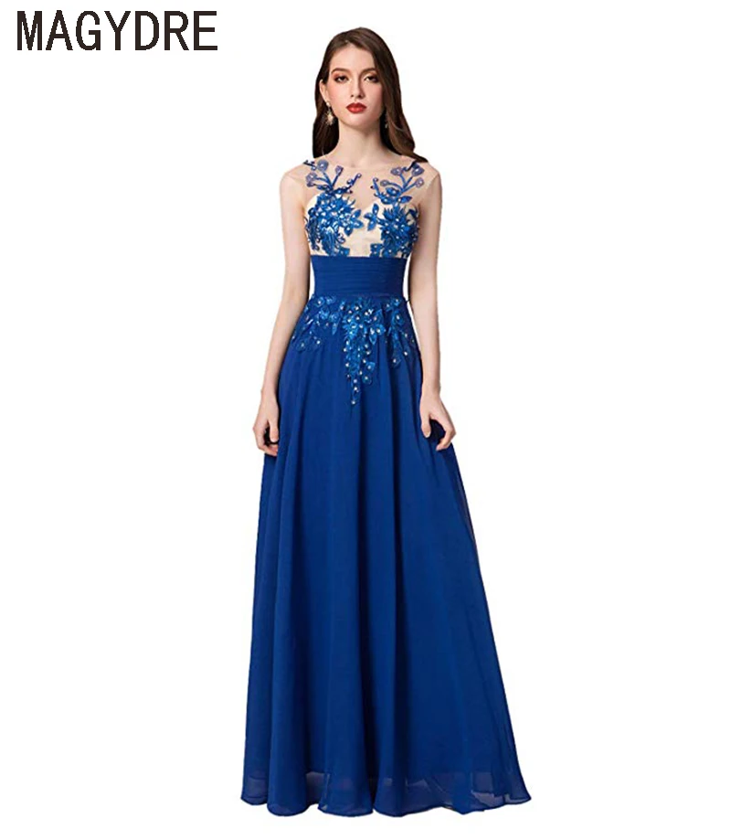 Вечерние платья Длинные трапециевидные аппликации Robe De Soiree o-образным вырезом Иллюзия без рукавов Формальные платья женское элегантное платье
