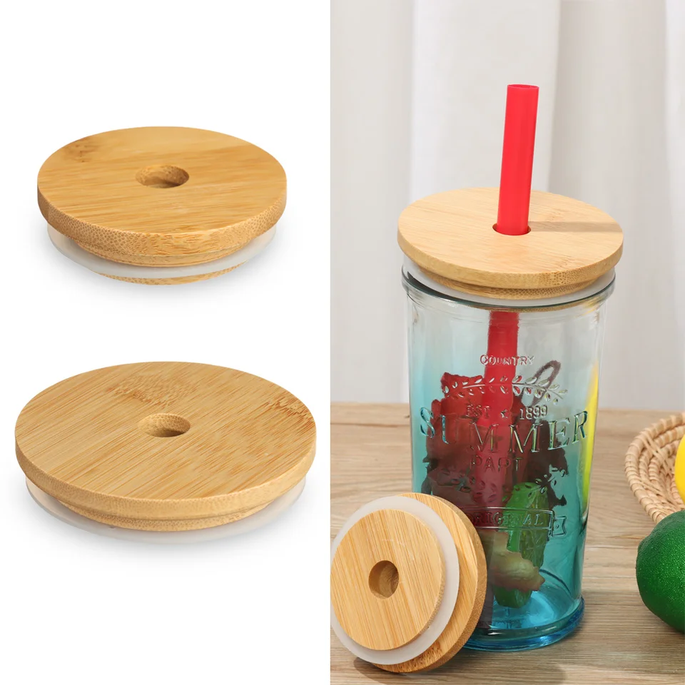 Confezione da 4 coperchi per barattoli di bambù a bocca larga 86 mm con foro per paglia, tappi riutilizzabili in bambù, a prova di perdite di vetro per inscatolamento e barattoli di
